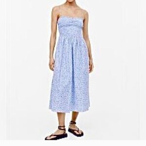 H&M  White And Blue Floral Print  Smocked Pure Cotton Maxi Dress Size US Medium